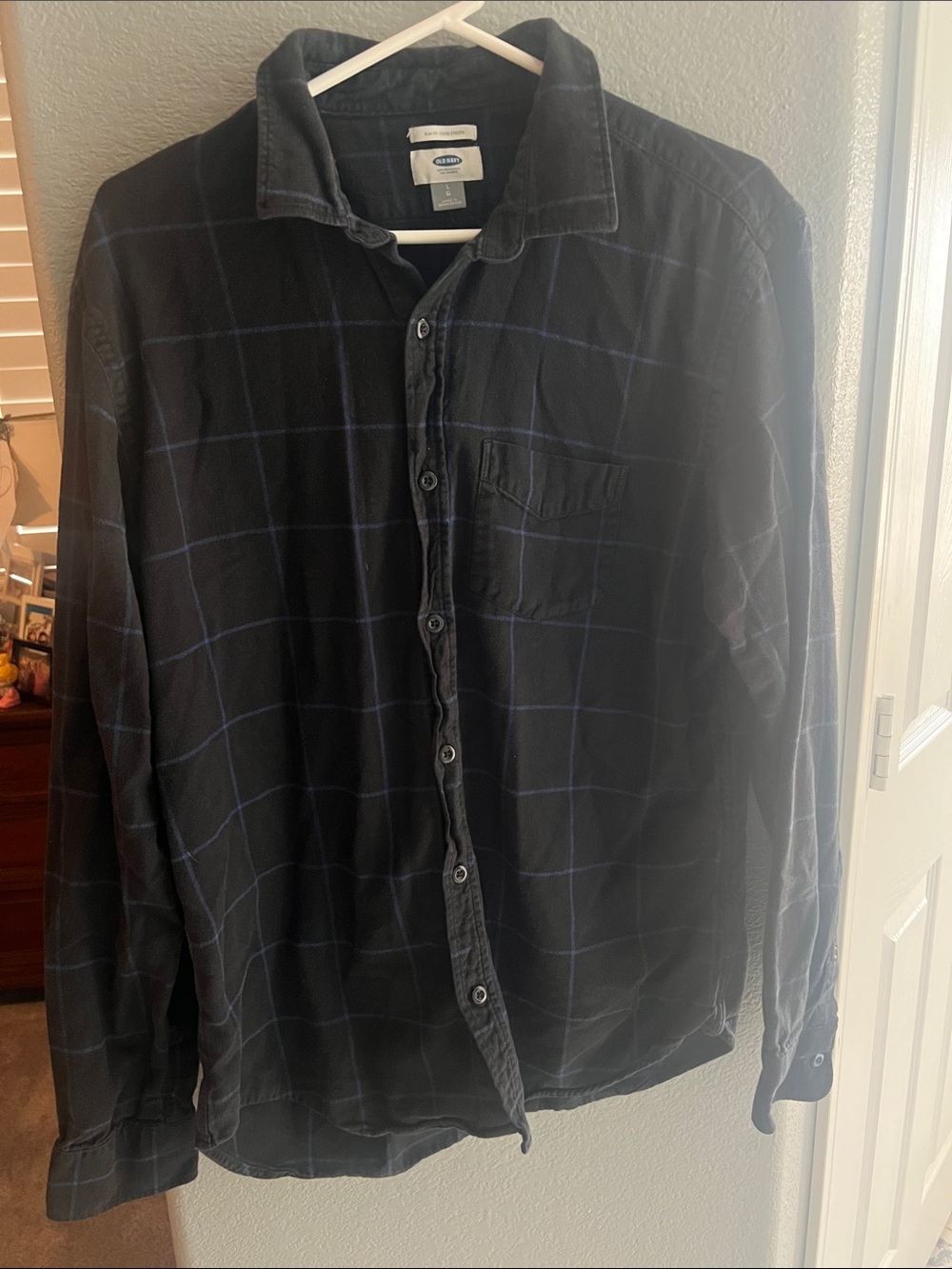 Old Navy Women's Black Windowpane Button-Down Shirt with Subtle Blue Grid